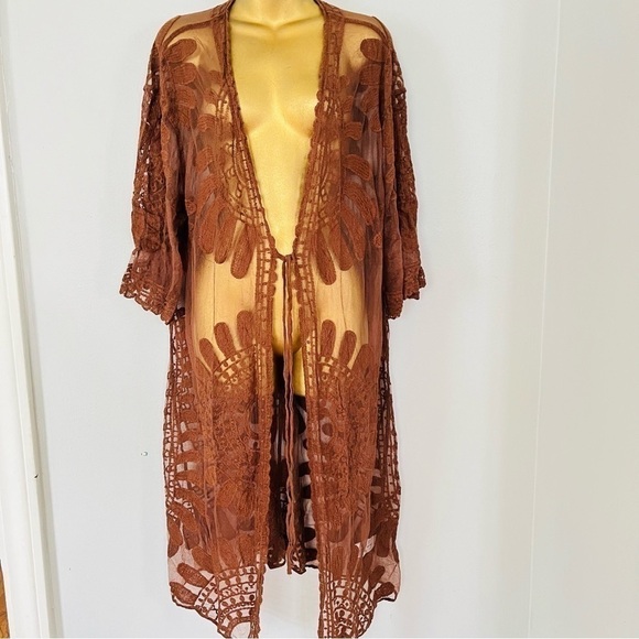 Bohemian embroidered long kimono swim cover up sheer cardigan boho - Picture 3 of 4